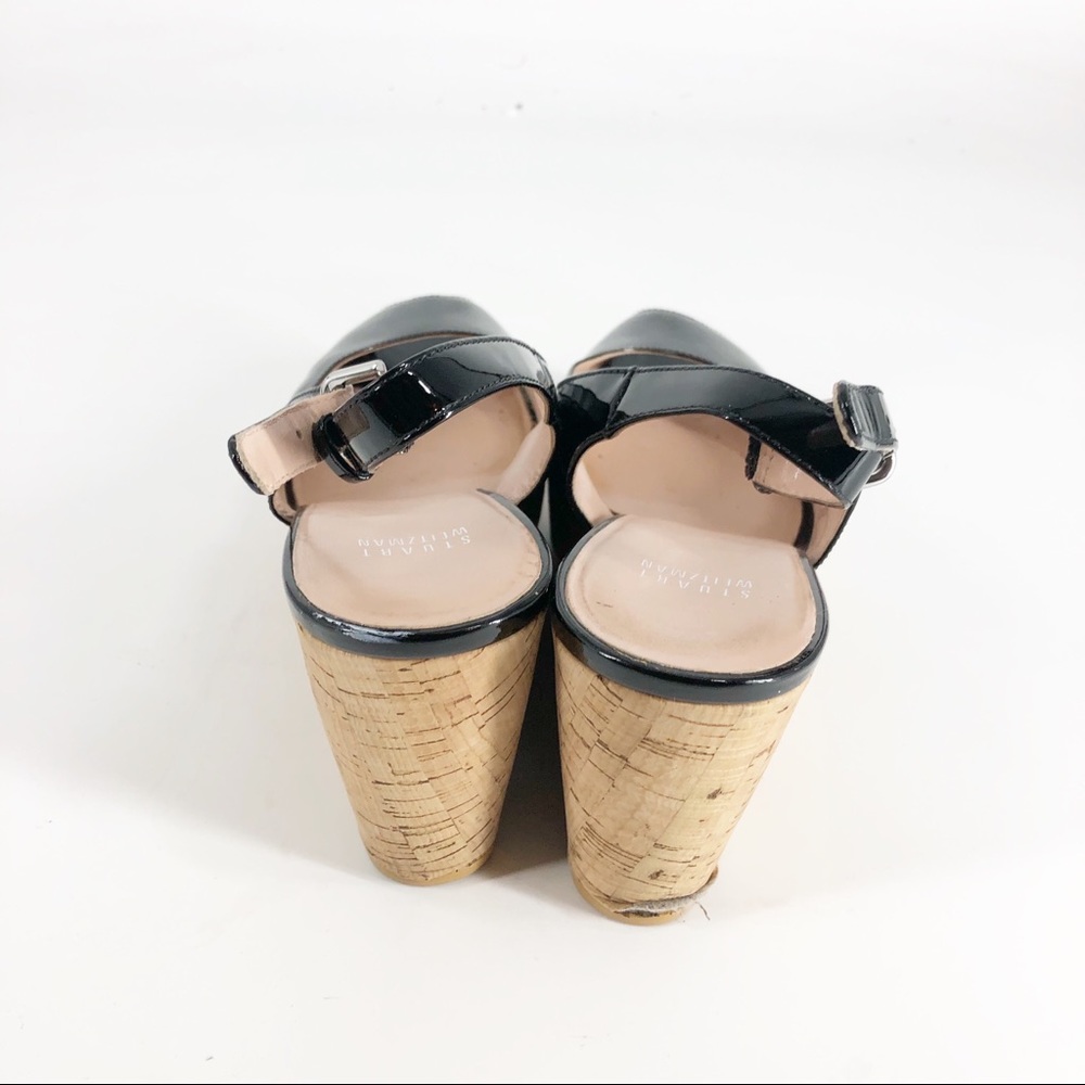 Stuart Weitzman Patent Leather Open Toe Slingback Cork Wedges Sz 41.5/11… - Picture 7 of 8